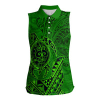 Hawaii Monk Seal and Dolphin Women Sleeveless Polo Shirt Polynesian Kakau Pattern Green