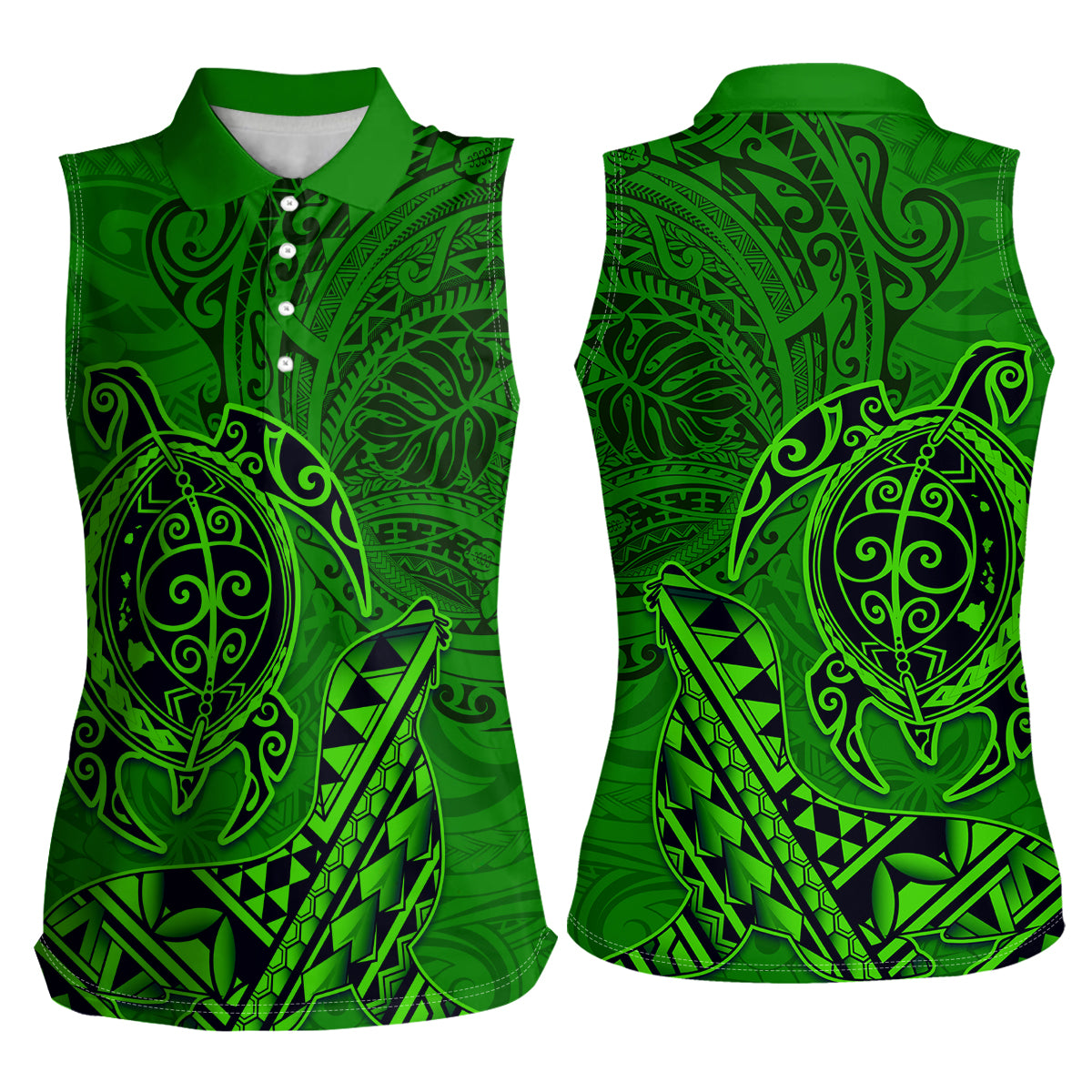 Hawaii Monk Seal and Dolphin Women Sleeveless Polo Shirt Polynesian Kakau Pattern Green