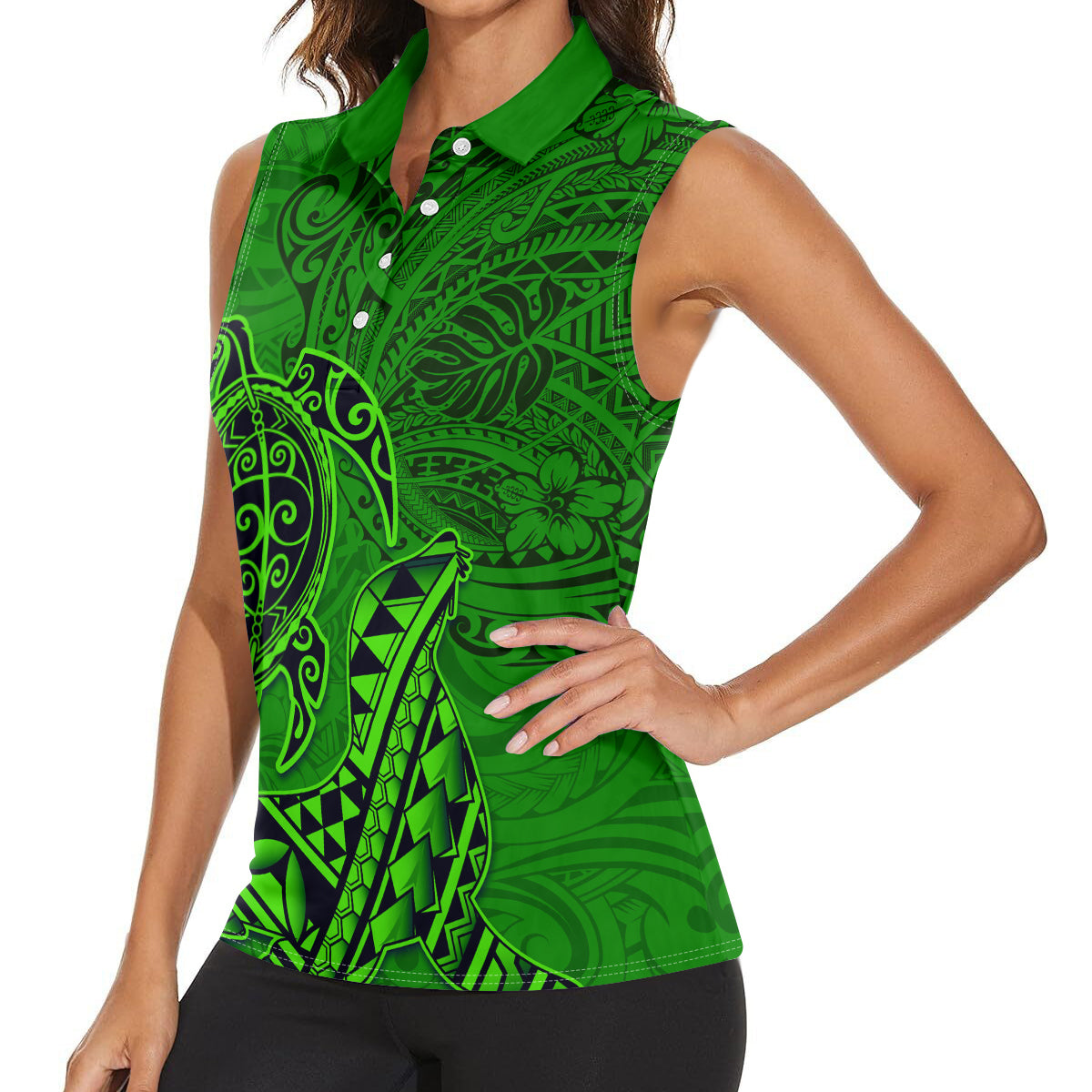 Hawaii Monk Seal and Dolphin Women Sleeveless Polo Shirt Polynesian Kakau Pattern Green