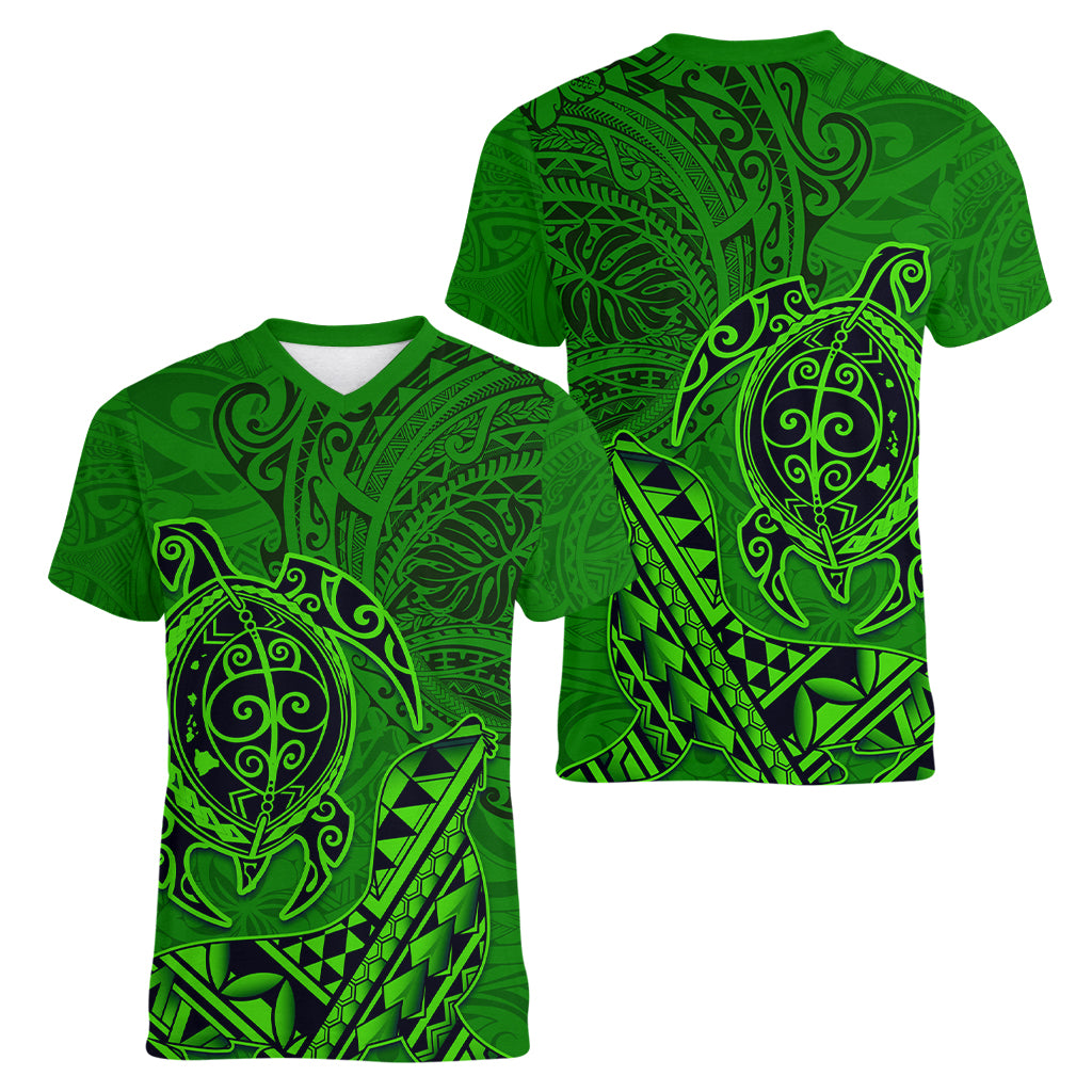 Hawaii Monk Seal and Dolphin Women V-Neck T-Shirt Polynesian Kakau Pattern Green