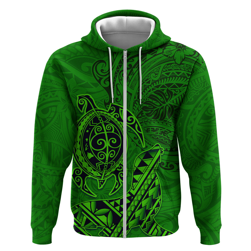 Hawaii Monk Seal and Dolphin Zip Hoodie Polynesian Kakau Pattern Green