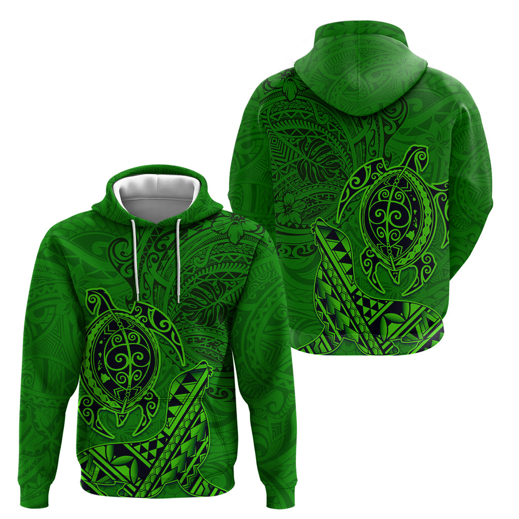 Hawaii Monk Seal and Dolphin Zip Hoodie Polynesian Kakau Pattern Green