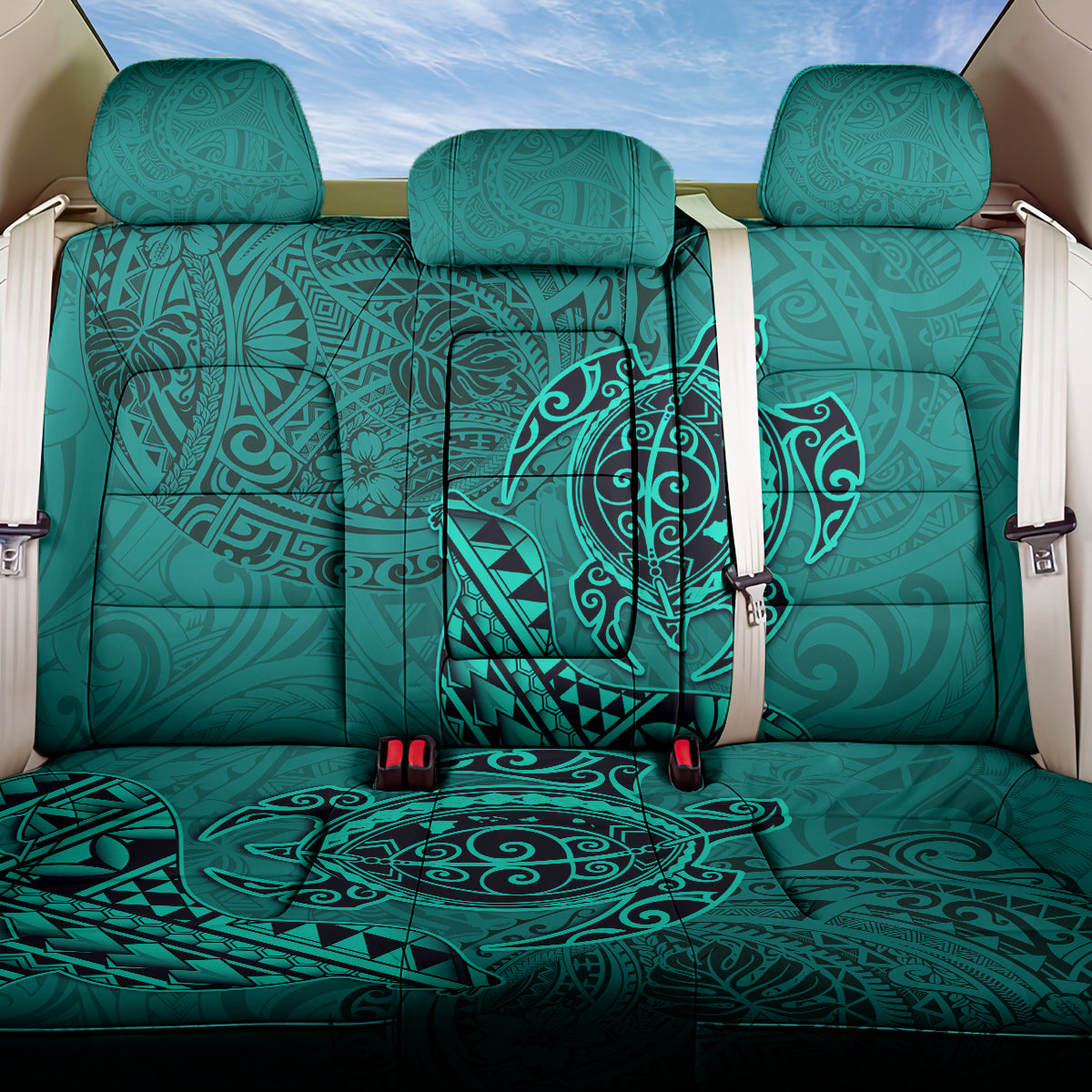 Hawaii Monk Seal and Dolphin Back Car Seat Cover Polynesian Kakau Pattern Turquoise