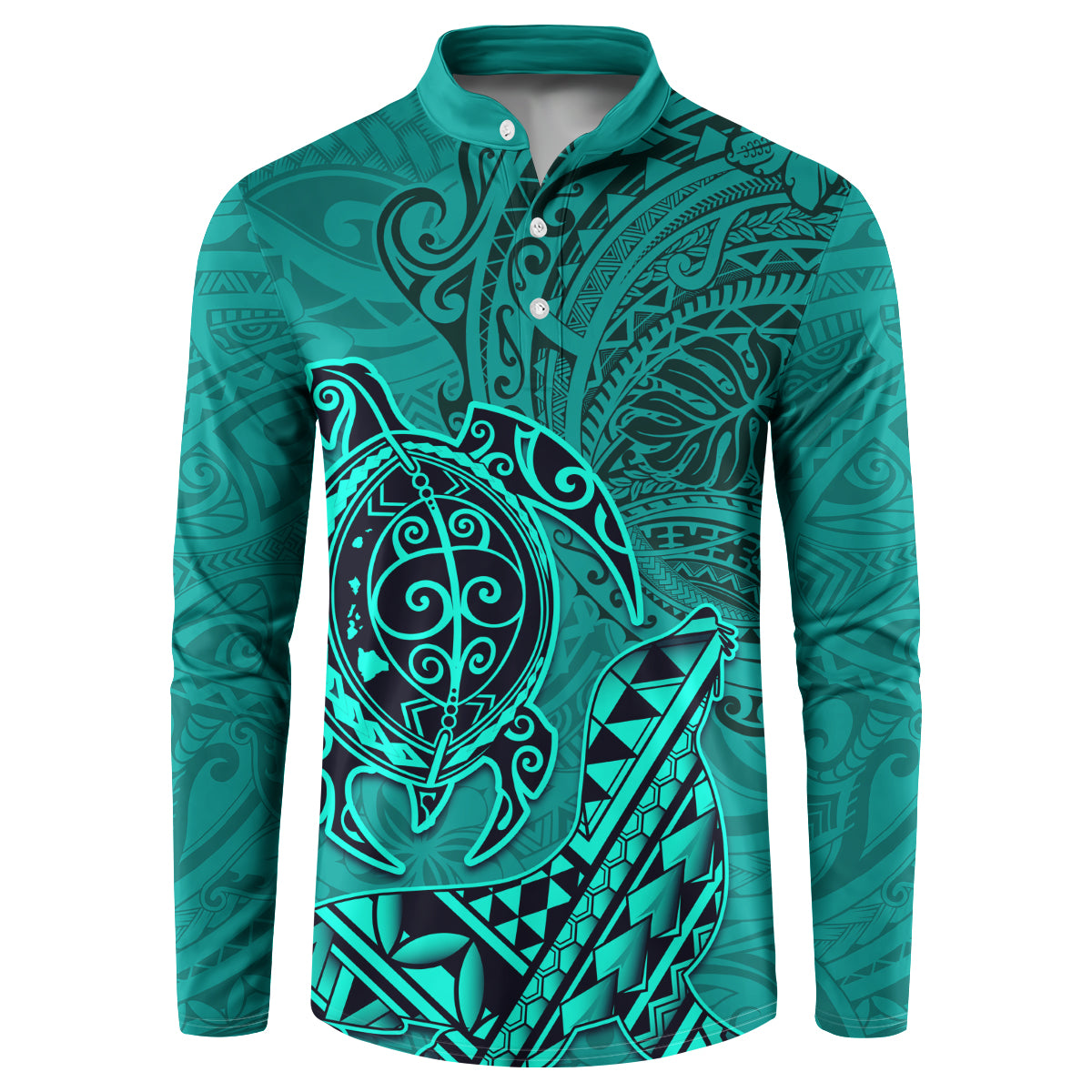 Hawaii Monk Seal and Dolphin Button Sweatshirt Polynesian Kakau Pattern Turquoise