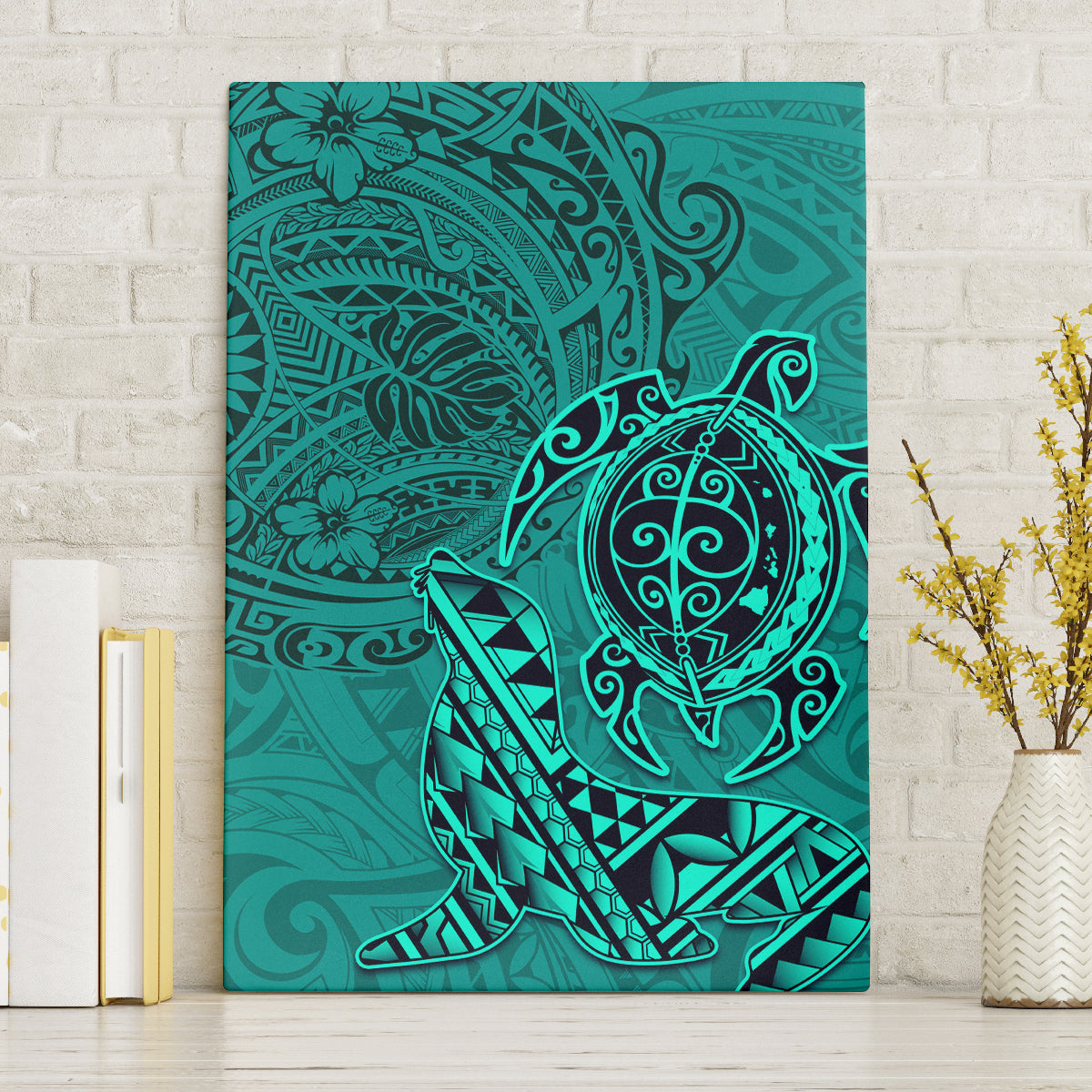 Hawaii Monk Seal and Dolphin Canvas Wall Art Polynesian Kakau Pattern Turquoise