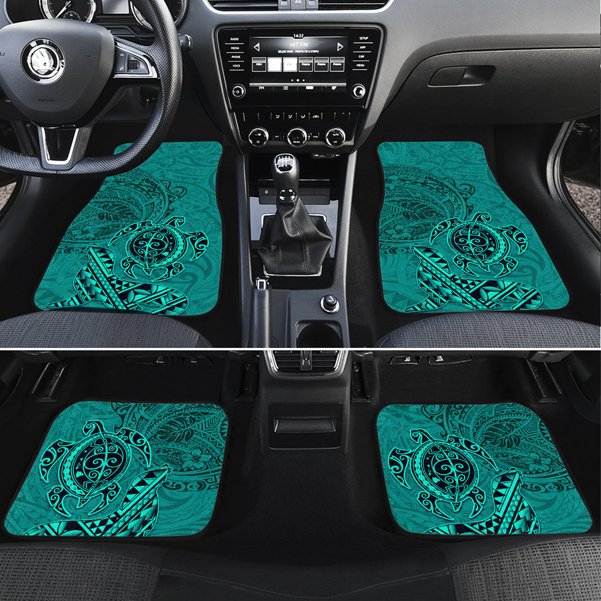 Hawaii Monk Seal and Dolphin Car Mats Polynesian Kakau Pattern Turquoise