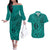 Hawaii Monk Seal and Dolphin Couples Matching Off The Shoulder Long Sleeve Dress and Hawaiian Shirt Polynesian Kakau Pattern Turquoise