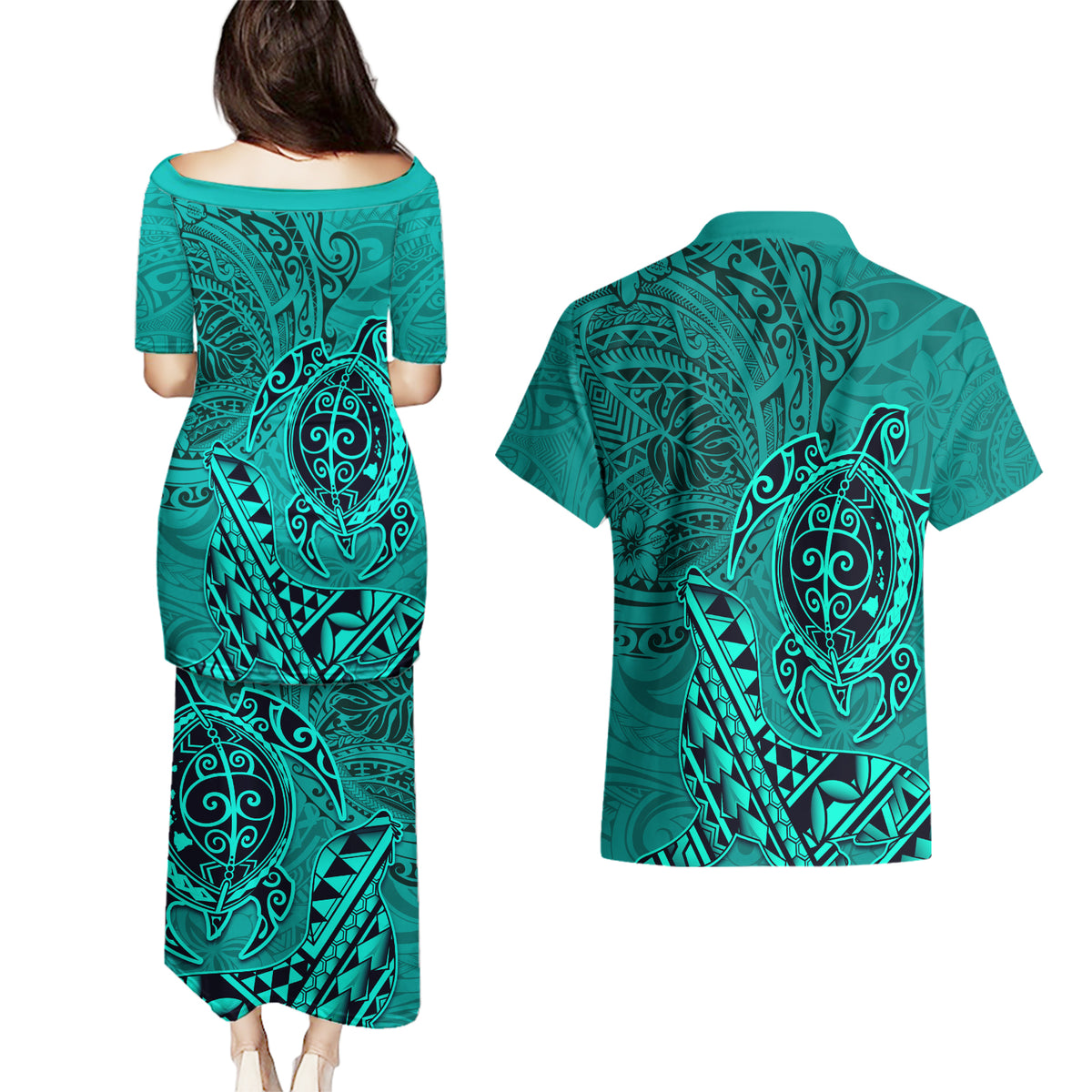 Hawaii Monk Seal and Dolphin Couples Matching Puletasi and Hawaiian Shirt Polynesian Kakau Pattern Turquoise