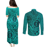 Hawaii Monk Seal and Dolphin Couples Matching Puletasi and Long Sleeve Button Shirt Polynesian Kakau Pattern Turquoise