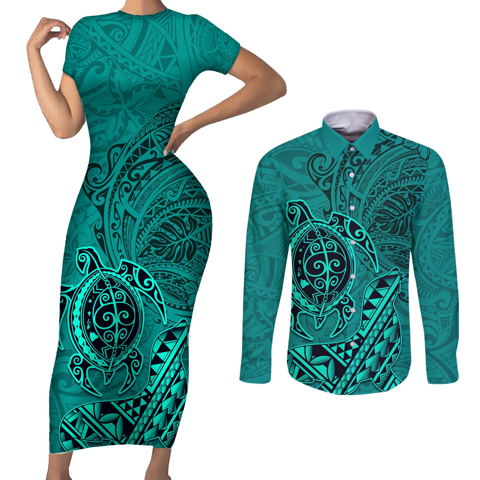 Hawaii Monk Seal and Dolphin Couples Matching Short Sleeve Bodycon Dress and Long Sleeve Button Shirt Polynesian Kakau Pattern Turquoise