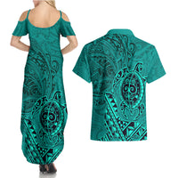 Hawaii Monk Seal and Dolphin Couples Matching Summer Maxi Dress and Hawaiian Shirt Polynesian Kakau Pattern Turquoise