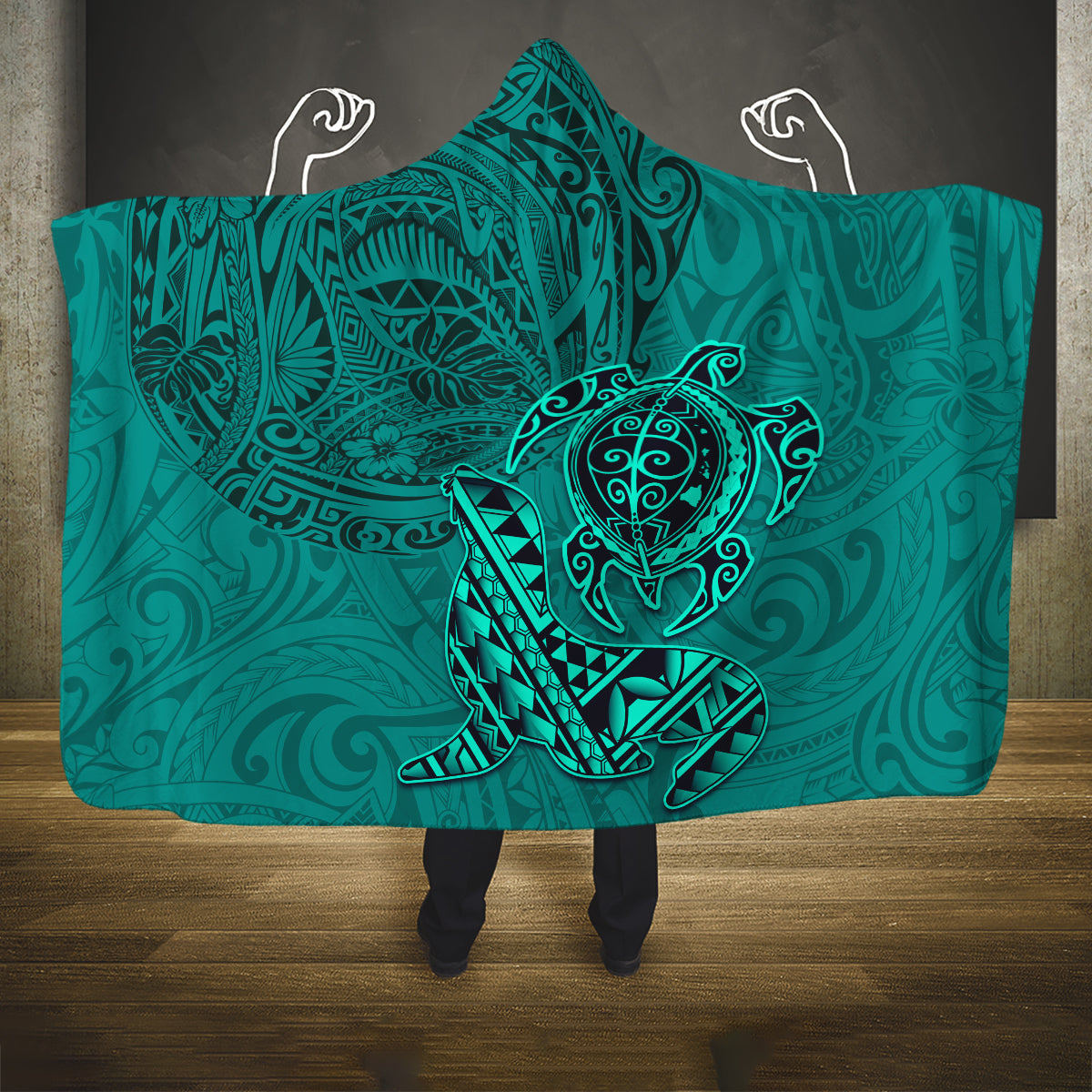 Hawaii Monk Seal and Dolphin Hooded Blanket Polynesian Kakau Pattern Turquoise