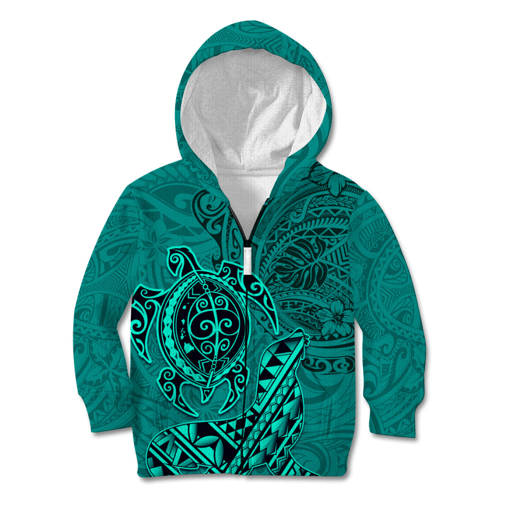 Hawaii Monk Seal and Dolphin Kid Hoodie Polynesian Kakau Pattern Turquoise