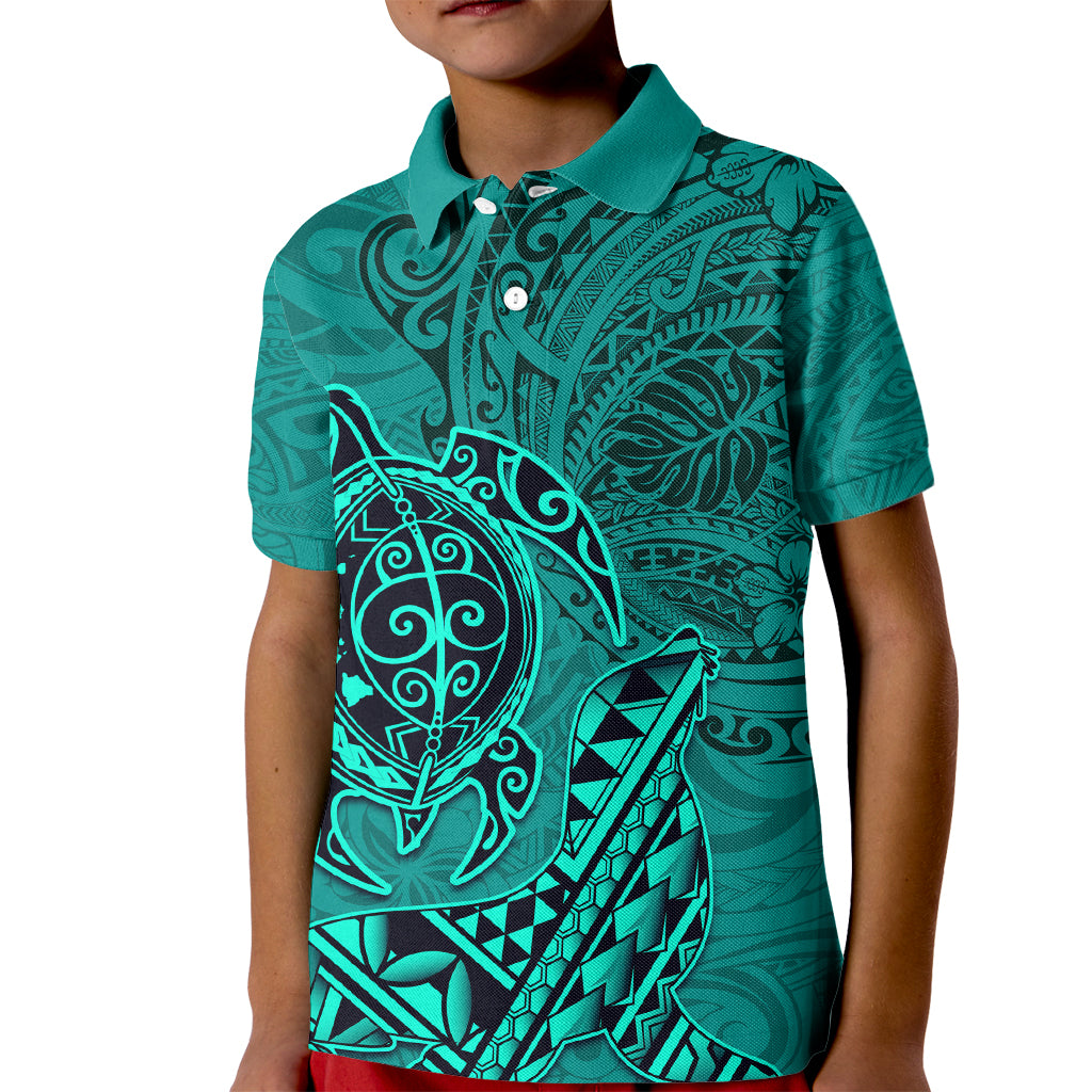 Hawaii Monk Seal and Dolphin Kid Polo Shirt Polynesian Kakau Pattern Turquoise