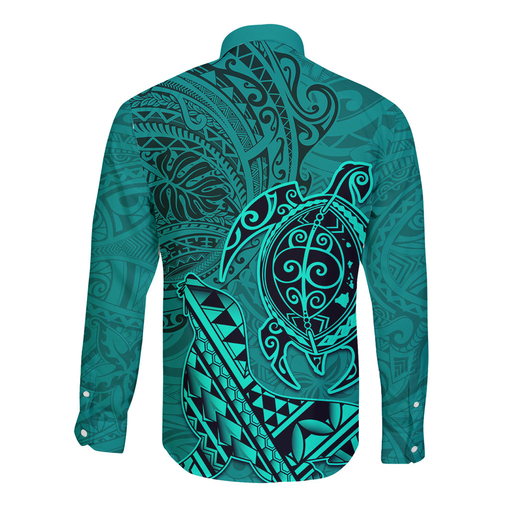 Hawaii Monk Seal and Dolphin Long Sleeve Button Shirt Polynesian Kakau Pattern Turquoise