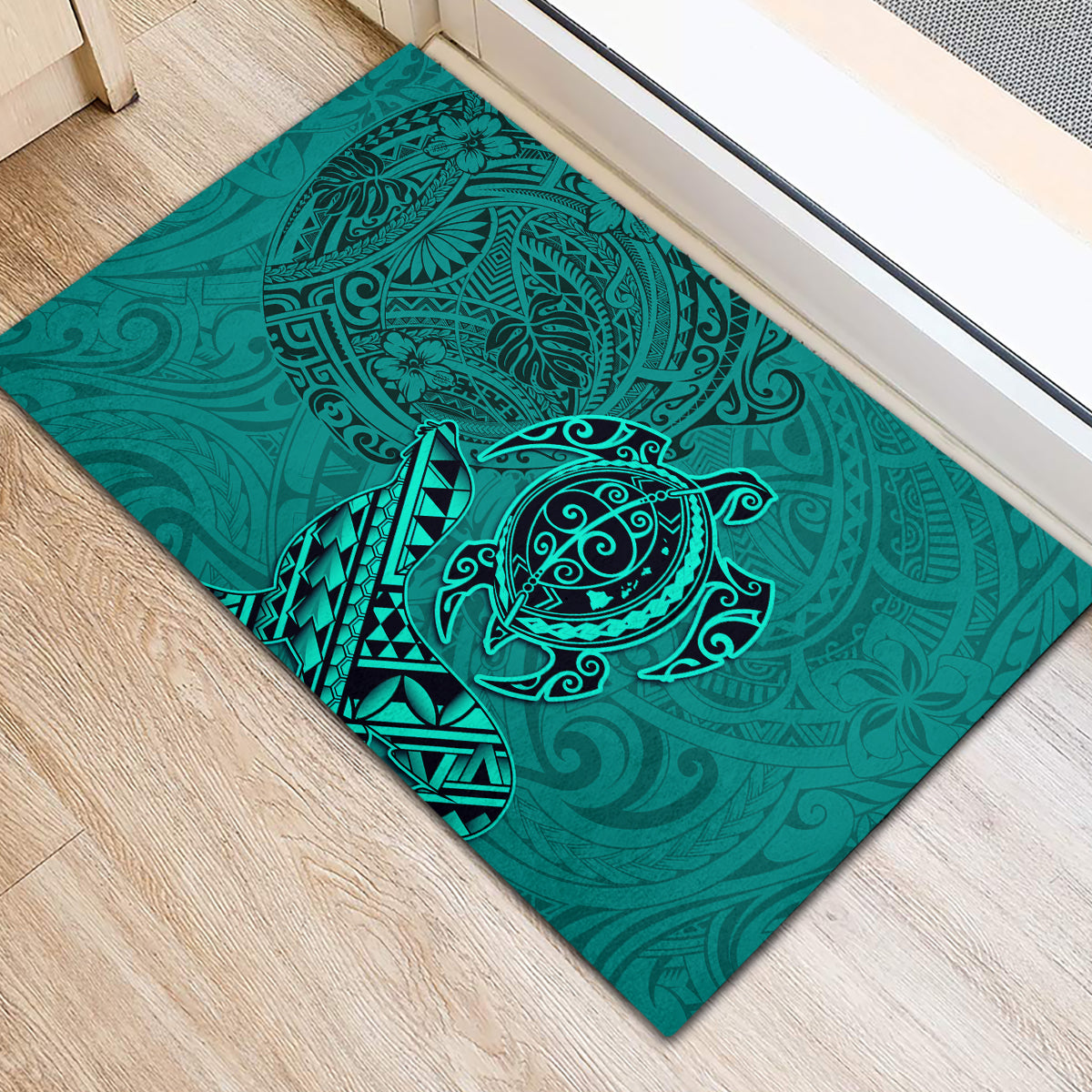 Hawaii Monk Seal and Dolphin Rubber Doormat Polynesian Kakau Pattern Turquoise
