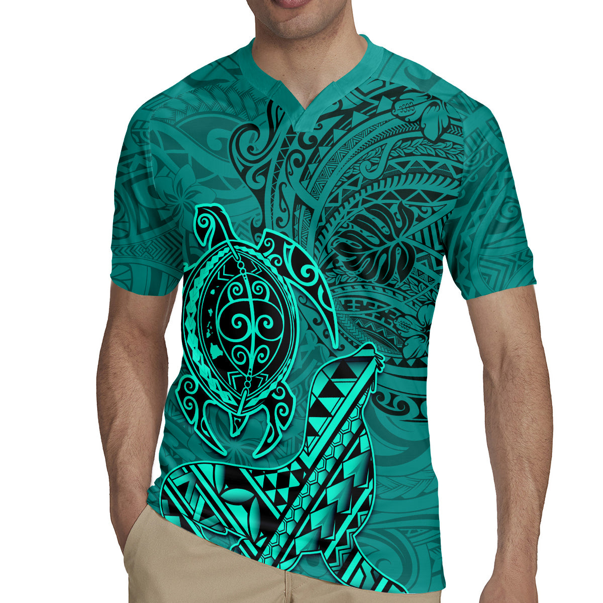 Hawaii Monk Seal and Dolphin Rugby Jersey Polynesian Kakau Pattern Turquoise