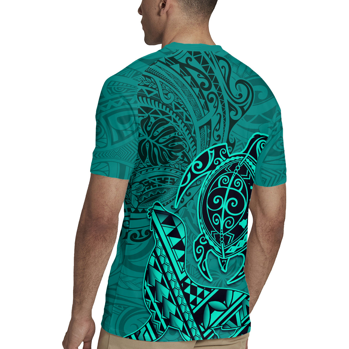 Hawaii Monk Seal and Dolphin Rugby Jersey Polynesian Kakau Pattern Turquoise