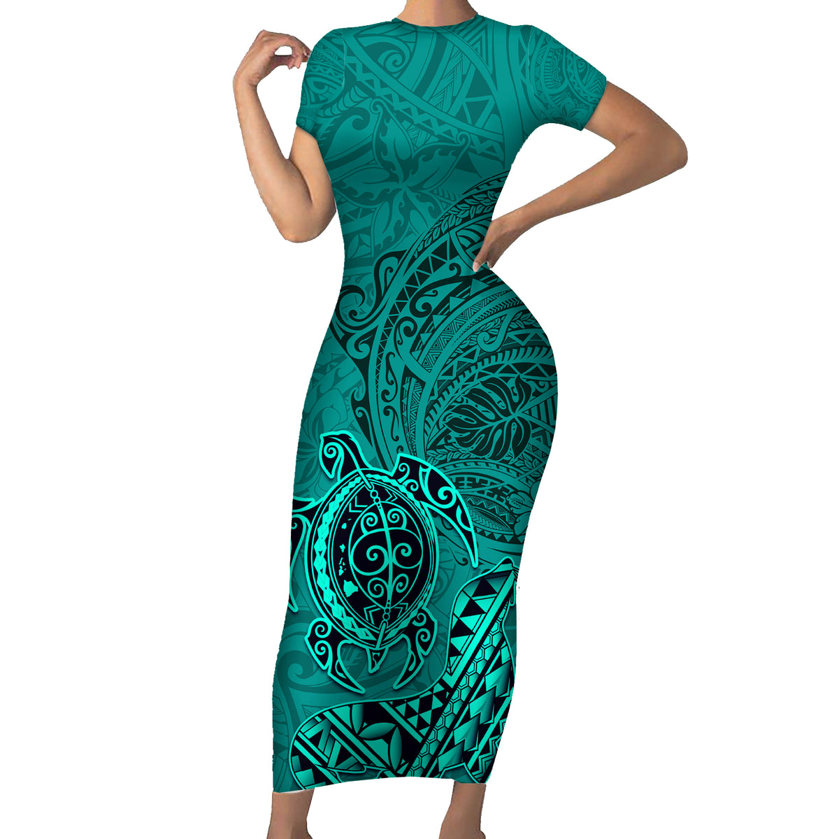 Hawaii Monk Seal and Dolphin Short Sleeve Bodycon Dress Polynesian Kakau Pattern Turquoise