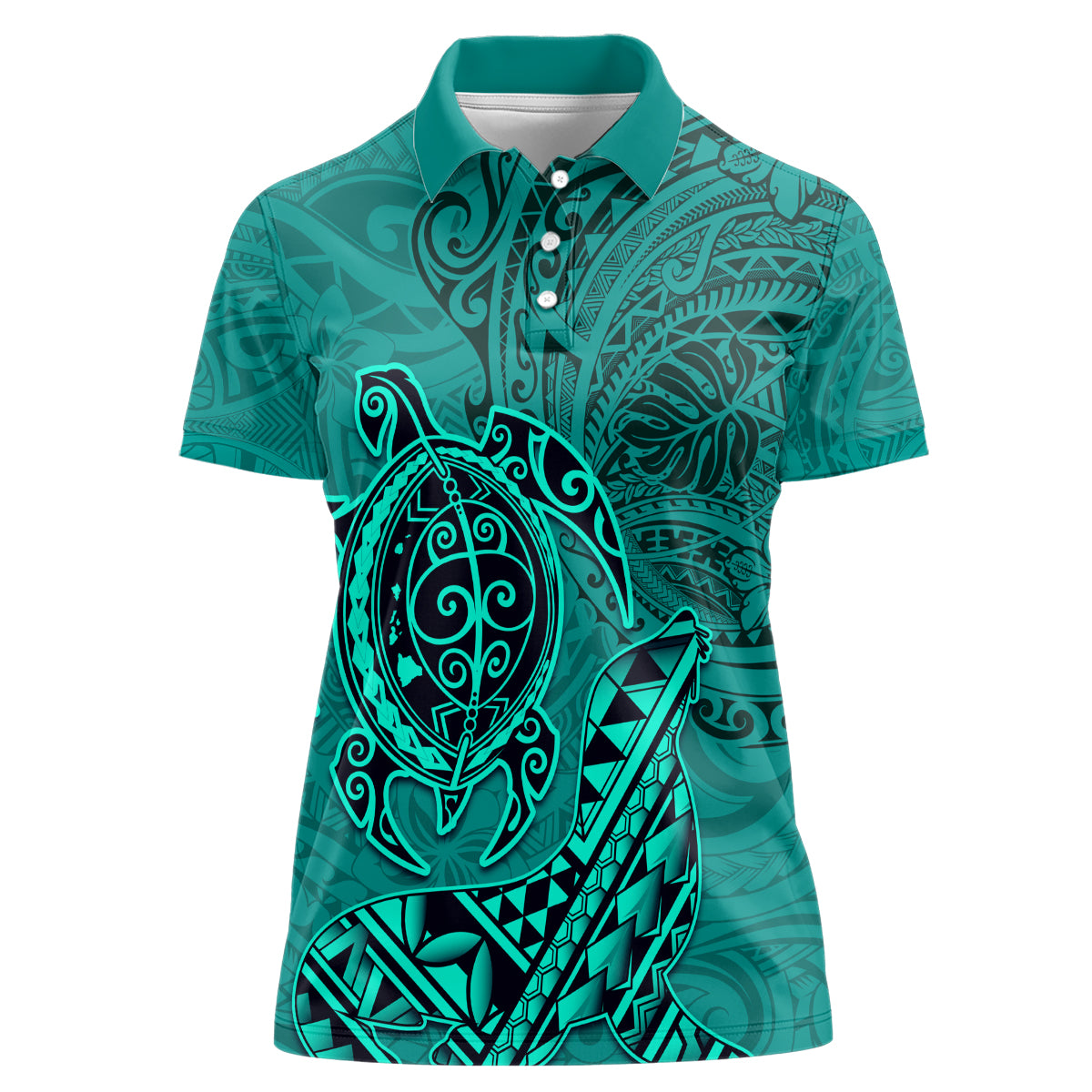 Hawaii Monk Seal and Dolphin Women Polo Shirt Polynesian Kakau Pattern Turquoise