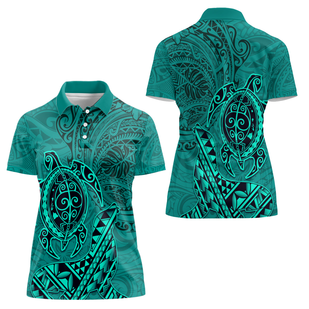 Hawaii Monk Seal and Dolphin Women Polo Shirt Polynesian Kakau Pattern Turquoise