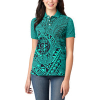 Hawaii Monk Seal and Dolphin Women Polo Shirt Polynesian Kakau Pattern Turquoise