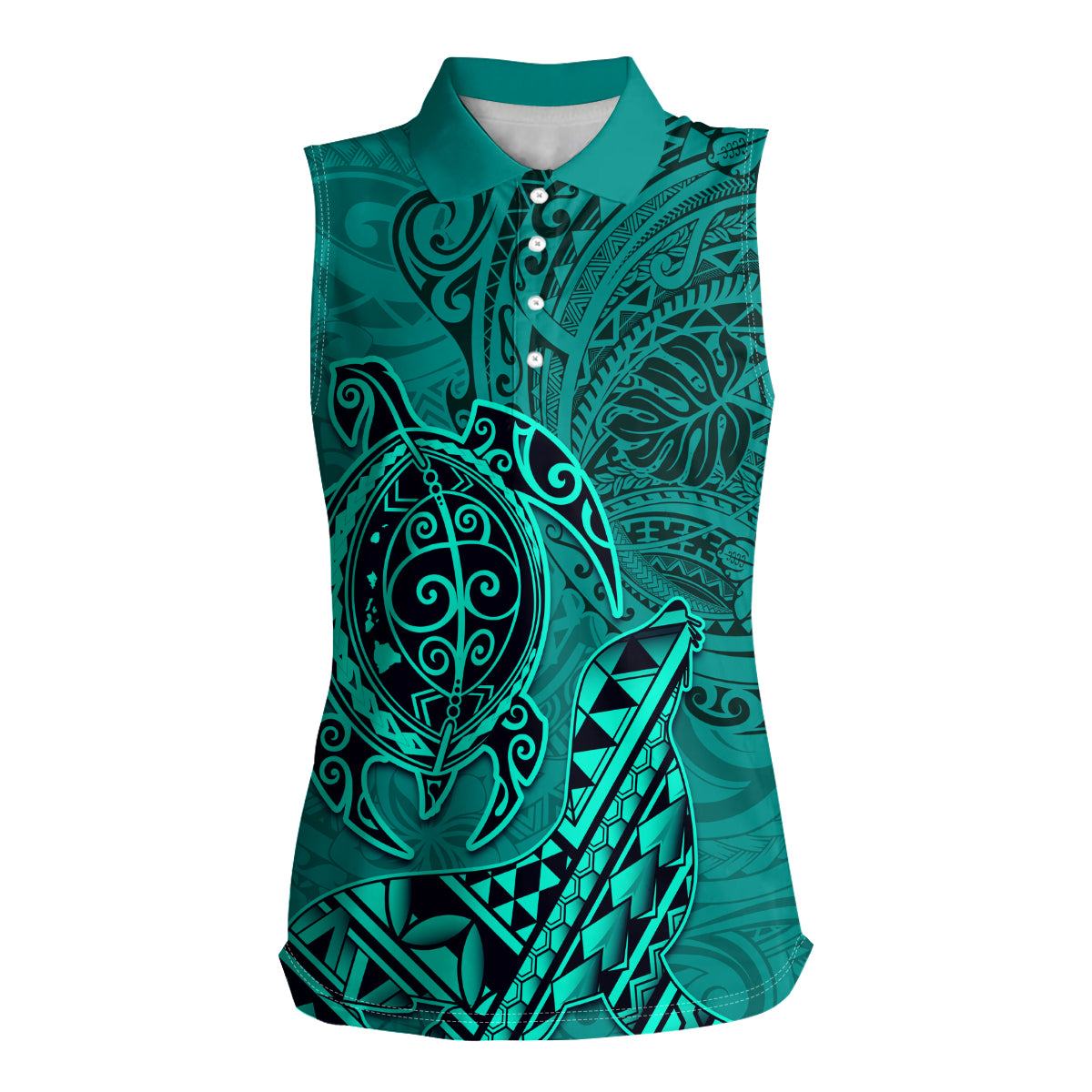 Hawaii Monk Seal and Dolphin Women Sleeveless Polo Shirt Polynesian Kakau Pattern Turquoise