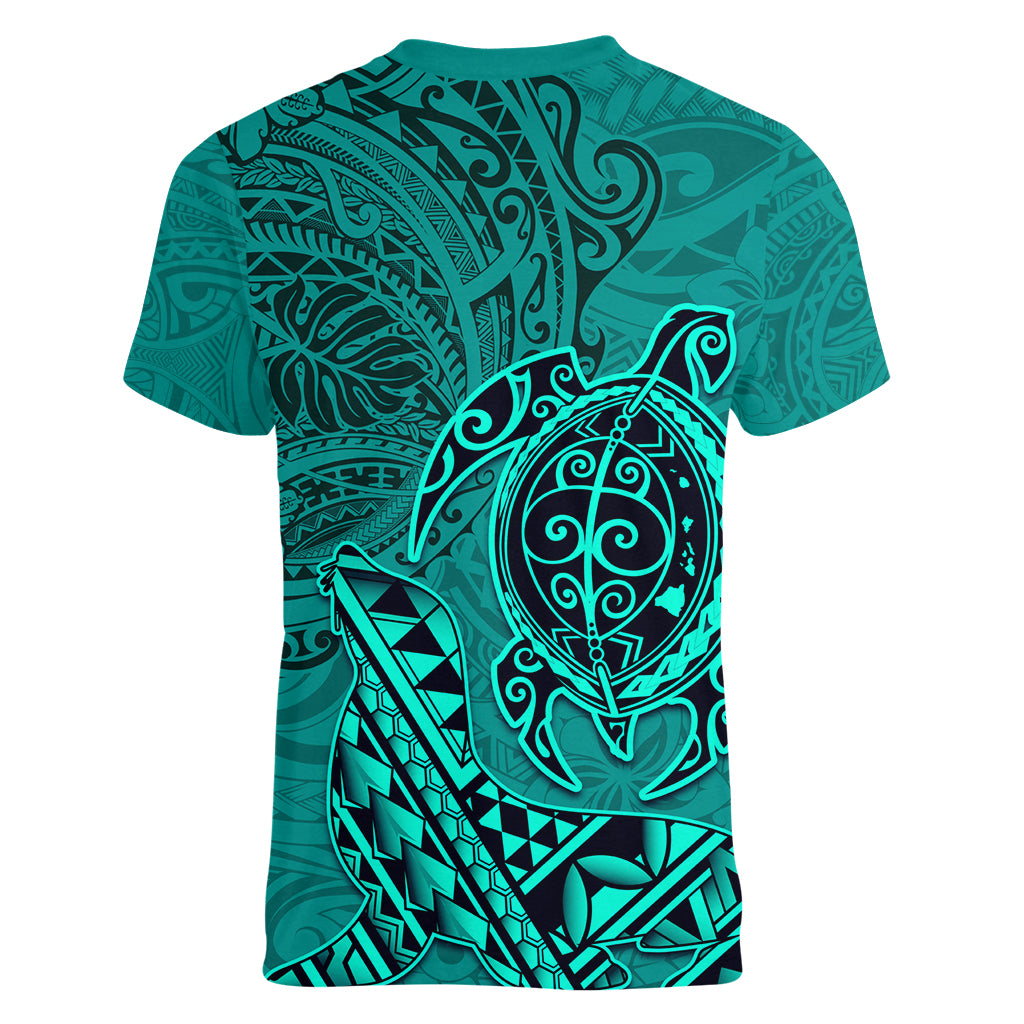 Hawaii Monk Seal and Dolphin Women V-Neck T-Shirt Polynesian Kakau Pattern Turquoise
