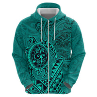 Hawaii Monk Seal and Dolphin Zip Hoodie Polynesian Kakau Pattern Turquoise