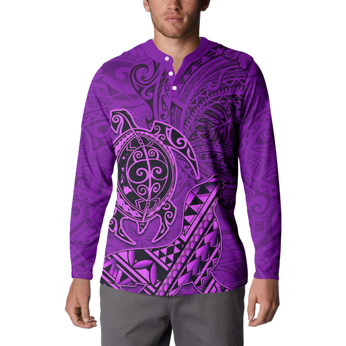 Hawaii Monk Seal and Dolphin Button Sweatshirt Polynesian Kakau Pattern Purple