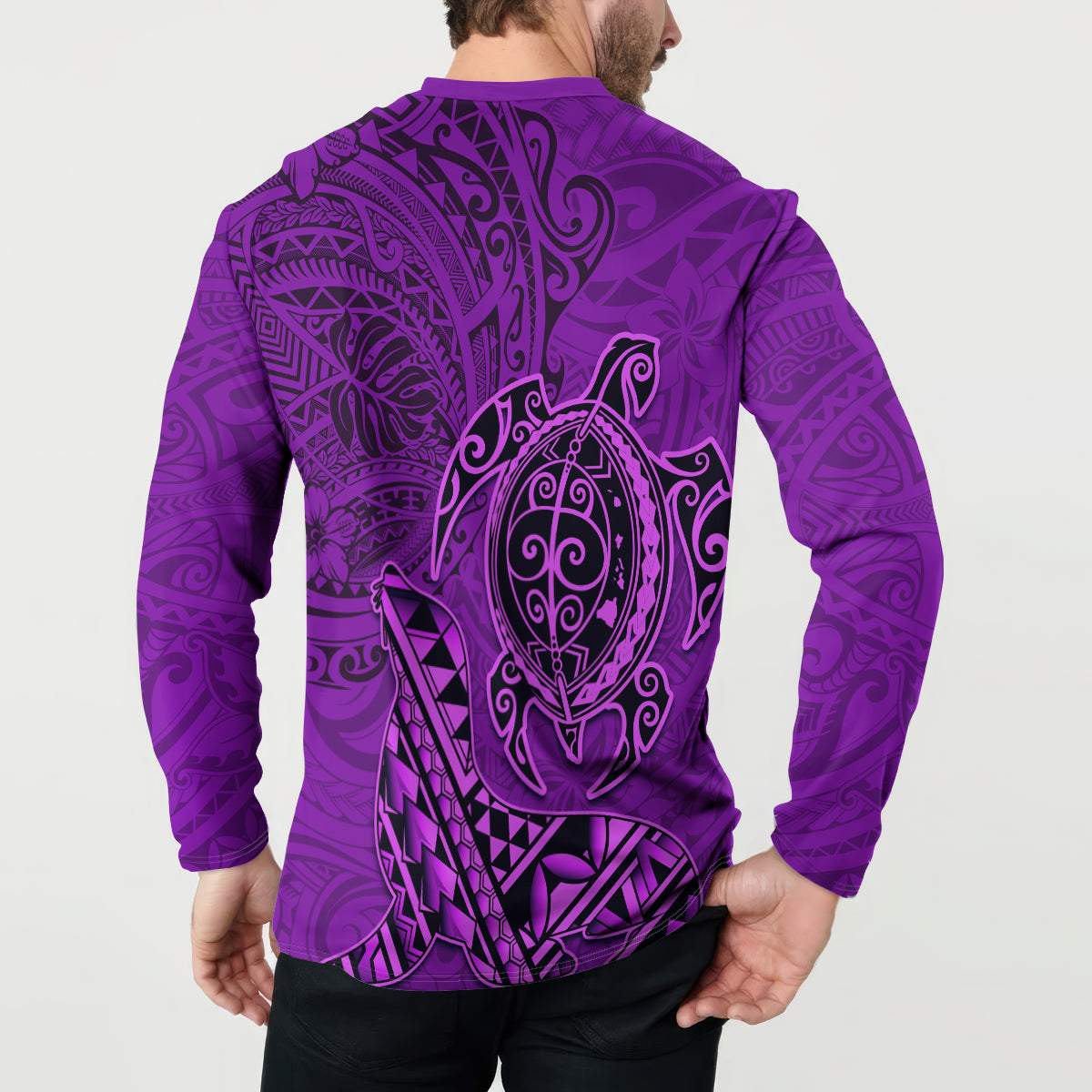 Hawaii Monk Seal and Dolphin Button Sweatshirt Polynesian Kakau Pattern Purple