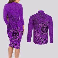 Hawaii Monk Seal and Dolphin Couples Matching Long Sleeve Bodycon Dress and Long Sleeve Button Shirt Polynesian Kakau Pattern Purple