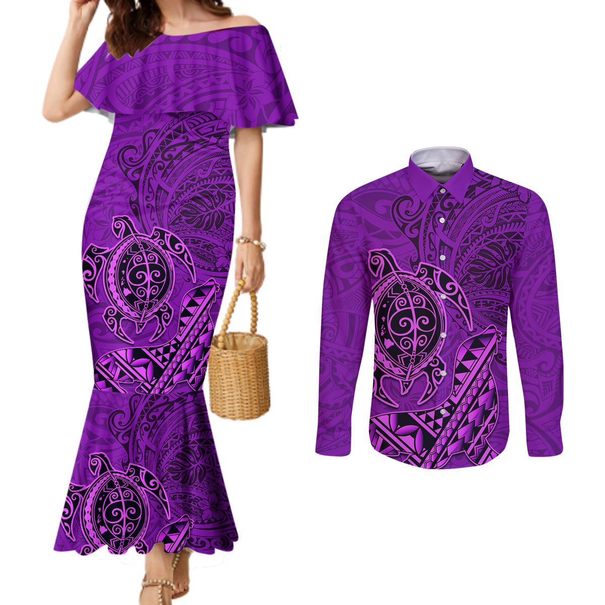 Hawaii Monk Seal and Dolphin Couples Matching Mermaid Dress and Long Sleeve Button Shirt Polynesian Kakau Pattern Purple