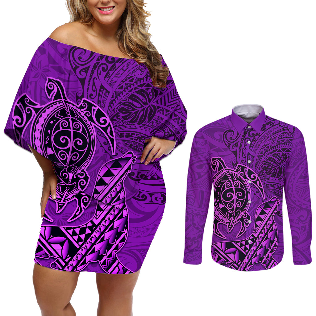 Hawaii Monk Seal and Dolphin Couples Matching Off Shoulder Short Dress and Long Sleeve Button Shirt Polynesian Kakau Pattern Purple