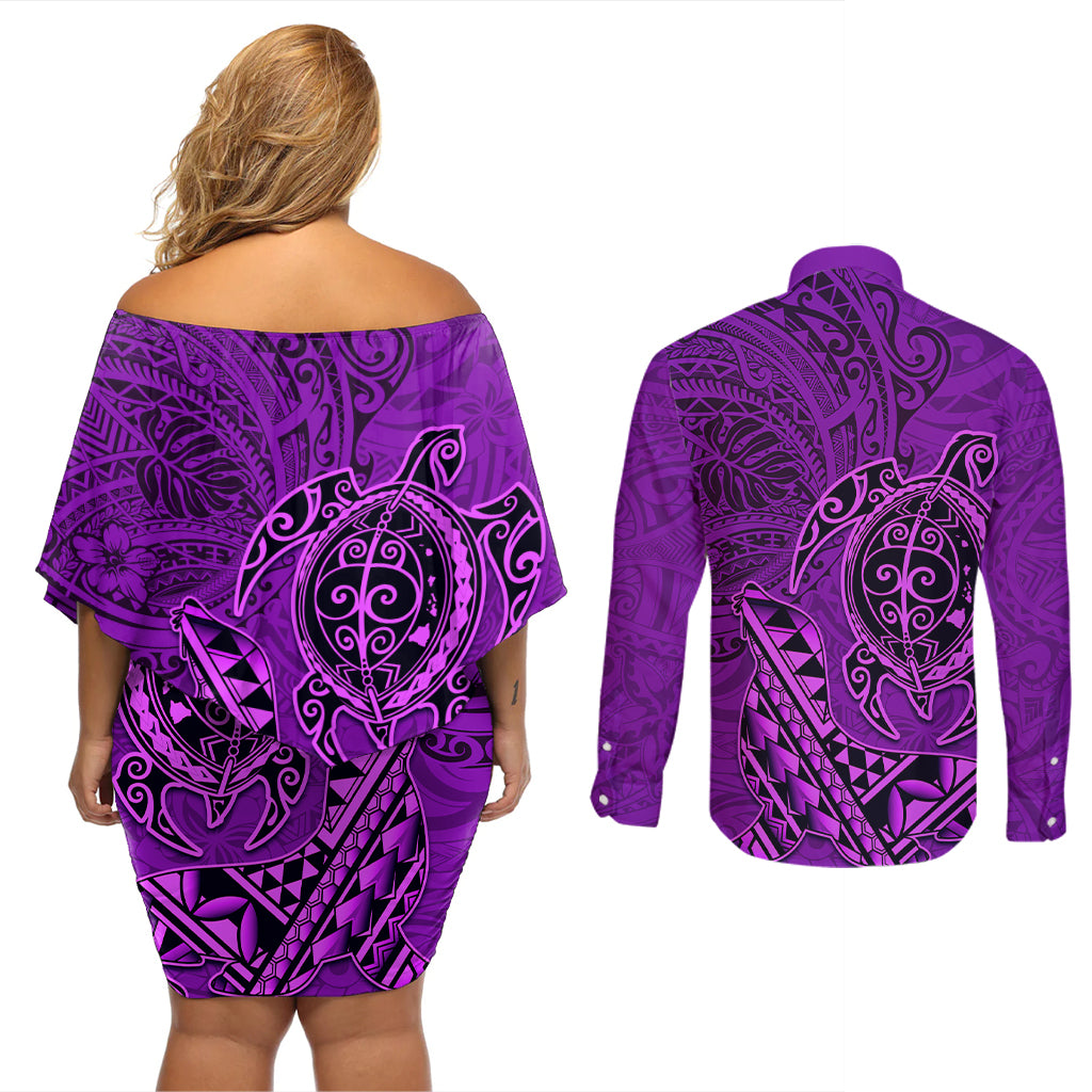 Hawaii Monk Seal and Dolphin Couples Matching Off Shoulder Short Dress and Long Sleeve Button Shirt Polynesian Kakau Pattern Purple