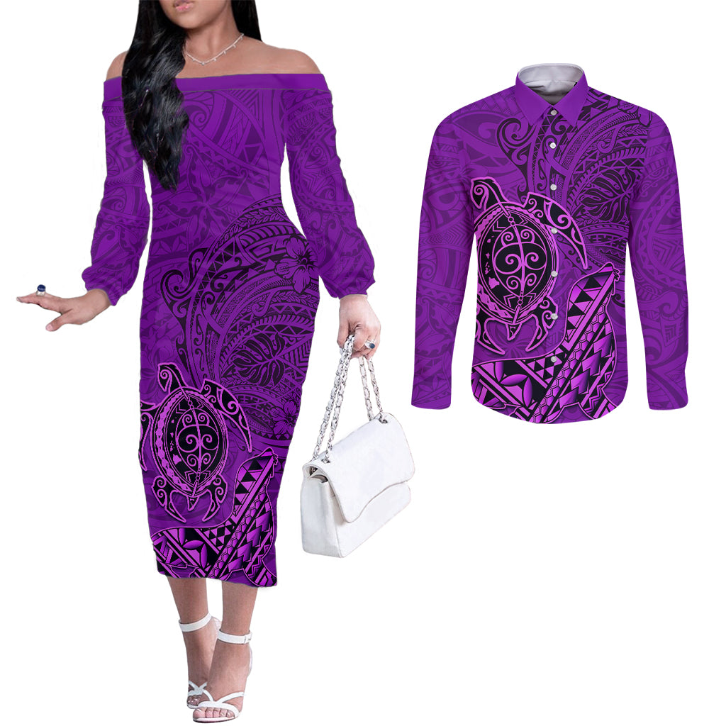 Hawaii Monk Seal and Dolphin Couples Matching Off The Shoulder Long Sleeve Dress and Long Sleeve Button Shirt Polynesian Kakau Pattern Purple