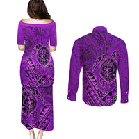 Hawaii Monk Seal and Dolphin Couples Matching Puletasi and Long Sleeve Button Shirt Polynesian Kakau Pattern Purple