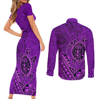 Hawaii Monk Seal and Dolphin Couples Matching Short Sleeve Bodycon Dress and Long Sleeve Button Shirt Polynesian Kakau Pattern Purple