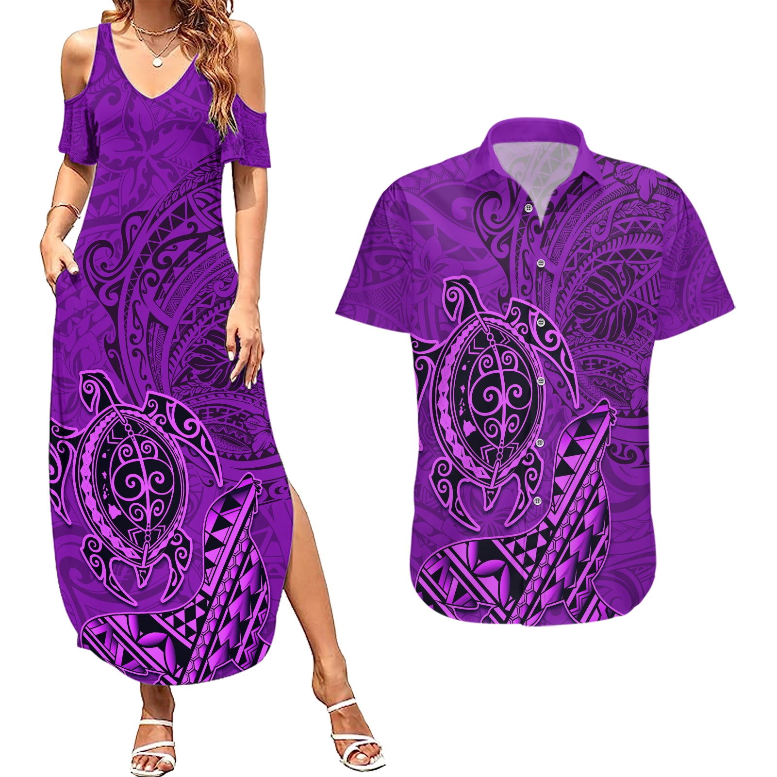 Hawaii Monk Seal and Dolphin Couples Matching Summer Maxi Dress and Hawaiian Shirt Polynesian Kakau Pattern Purple