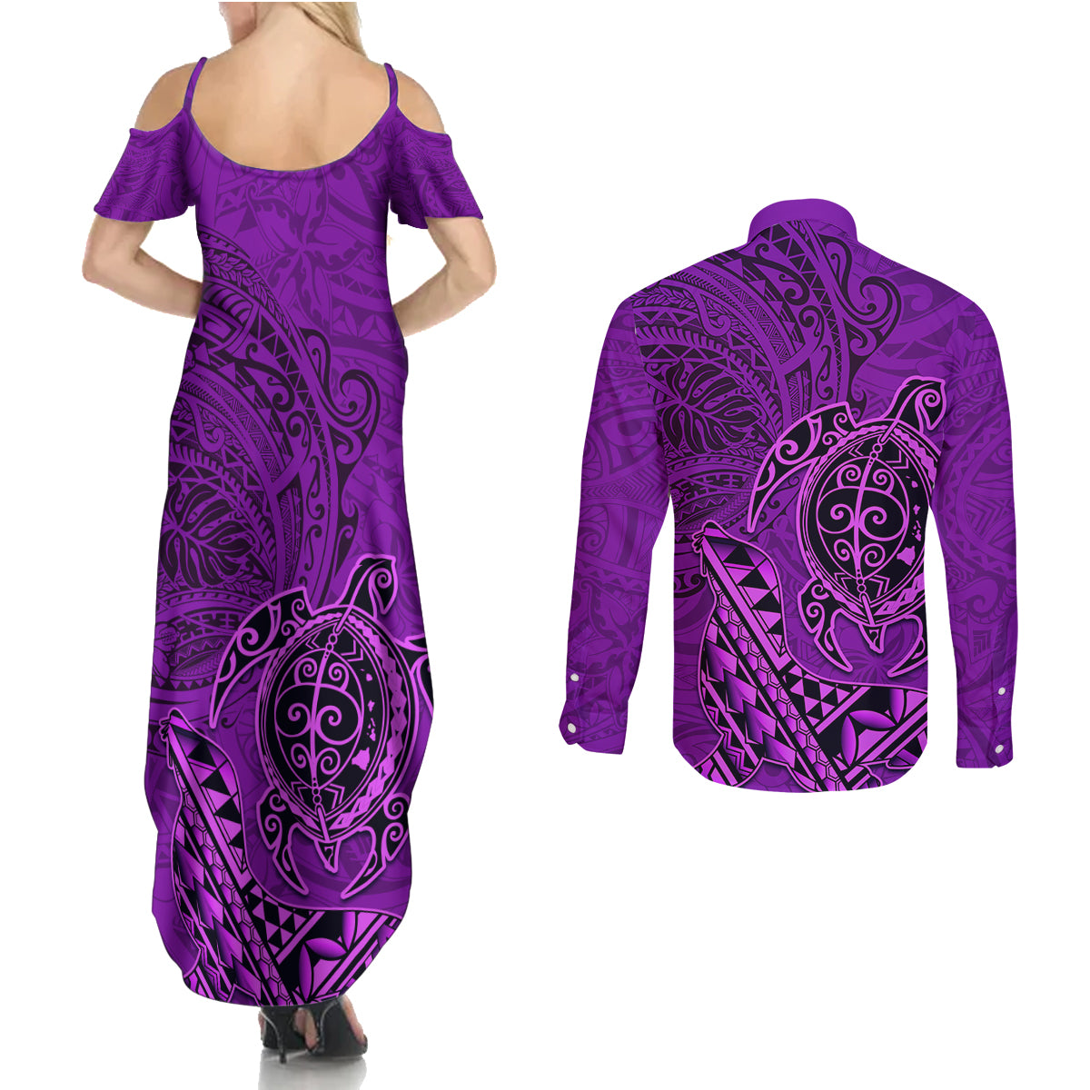 Hawaii Monk Seal and Dolphin Couples Matching Summer Maxi Dress and Long Sleeve Button Shirt Polynesian Kakau Pattern Purple