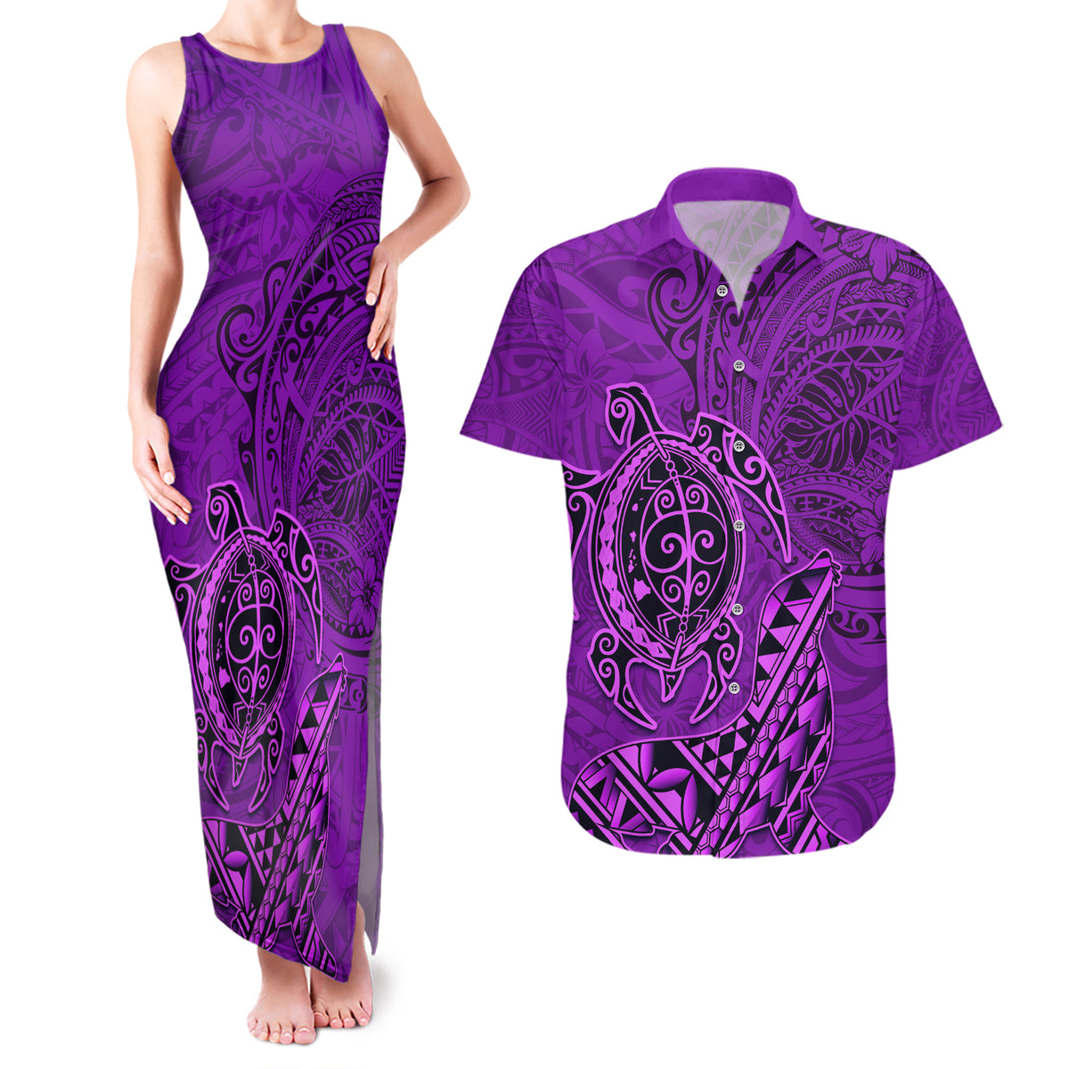 Hawaii Monk Seal and Dolphin Couples Matching Tank Maxi Dress and Hawaiian Shirt Polynesian Kakau Pattern Purple