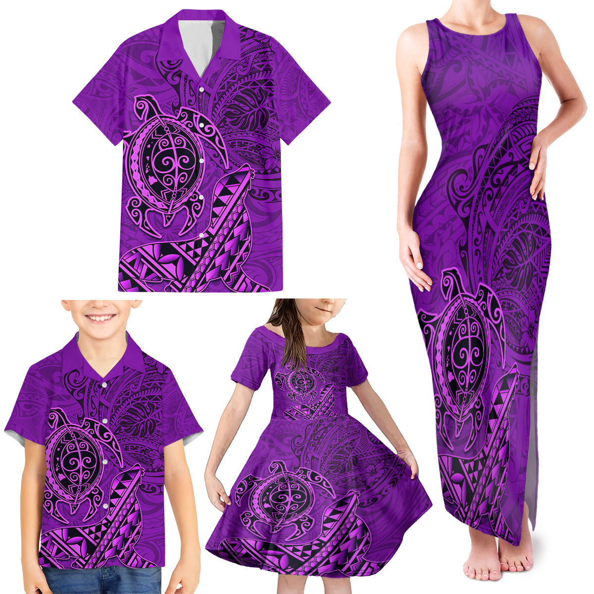 Hawaii Monk Seal and Dolphin Family Matching Tank Maxi Dress and Hawaiian Shirt Polynesian Kakau Pattern Purple