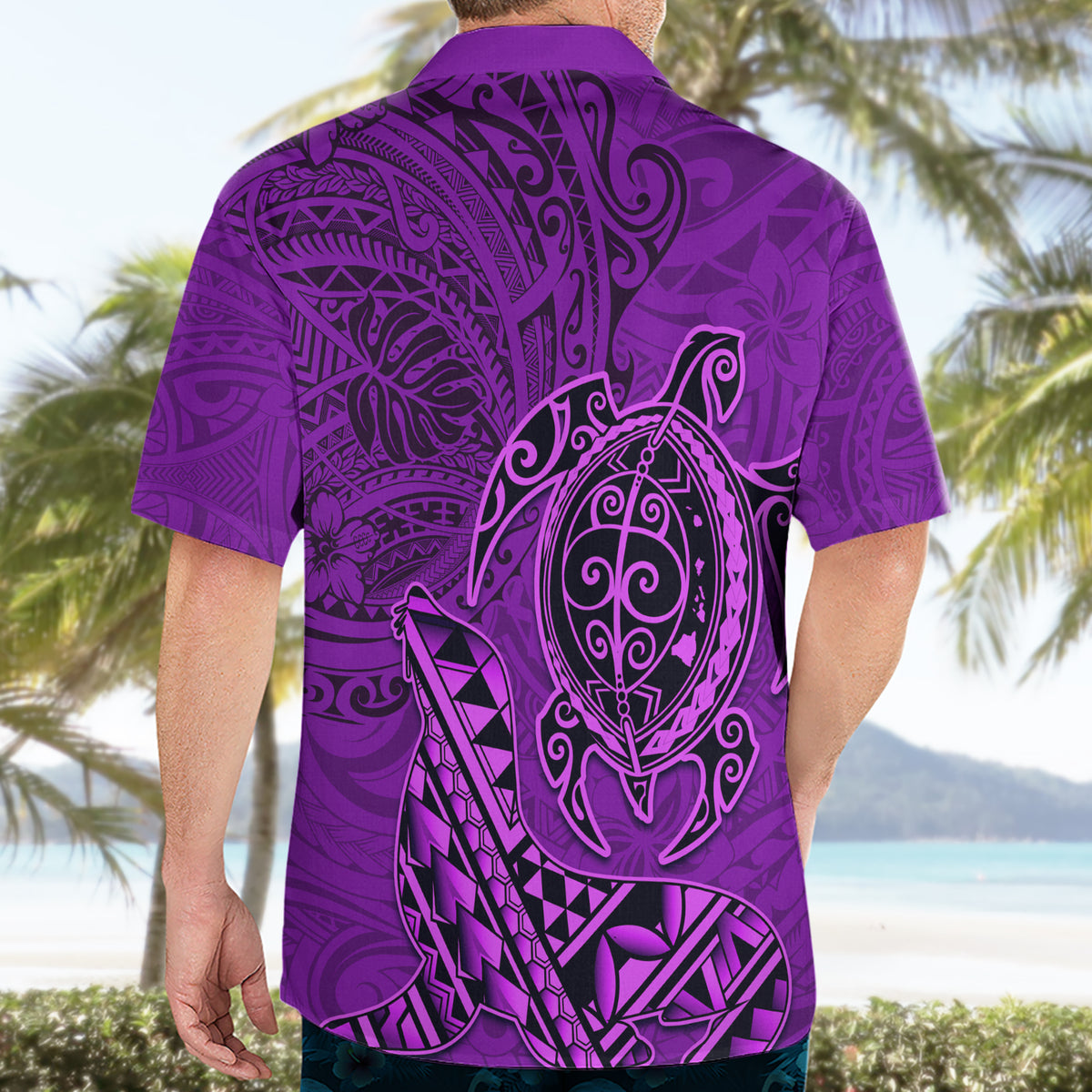 Hawaii Monk Seal and Dolphin Hawaiian Shirt Polynesian Kakau Pattern Purple