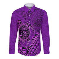 Hawaii Monk Seal and Dolphin Long Sleeve Button Shirt Polynesian Kakau Pattern Purple