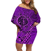 Hawaii Monk Seal and Dolphin Off Shoulder Short Dress Polynesian Kakau Pattern Purple