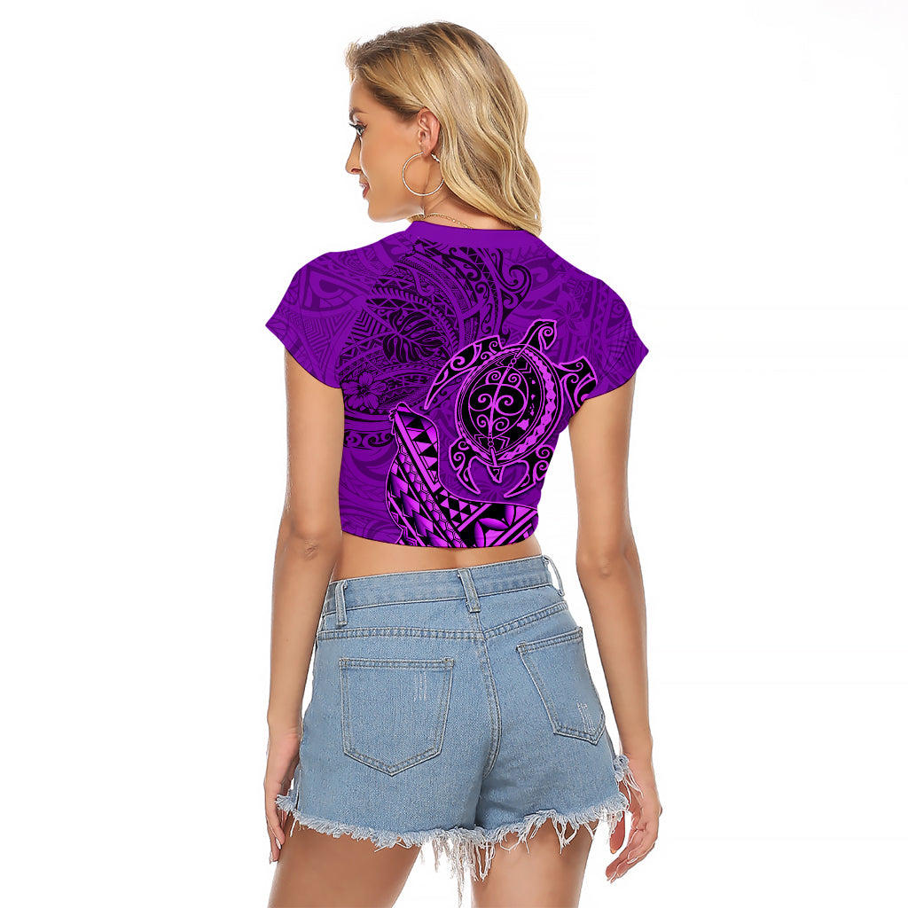 Hawaii Monk Seal and Dolphin Raglan Cropped T Shirt Polynesian Kakau Pattern Purple