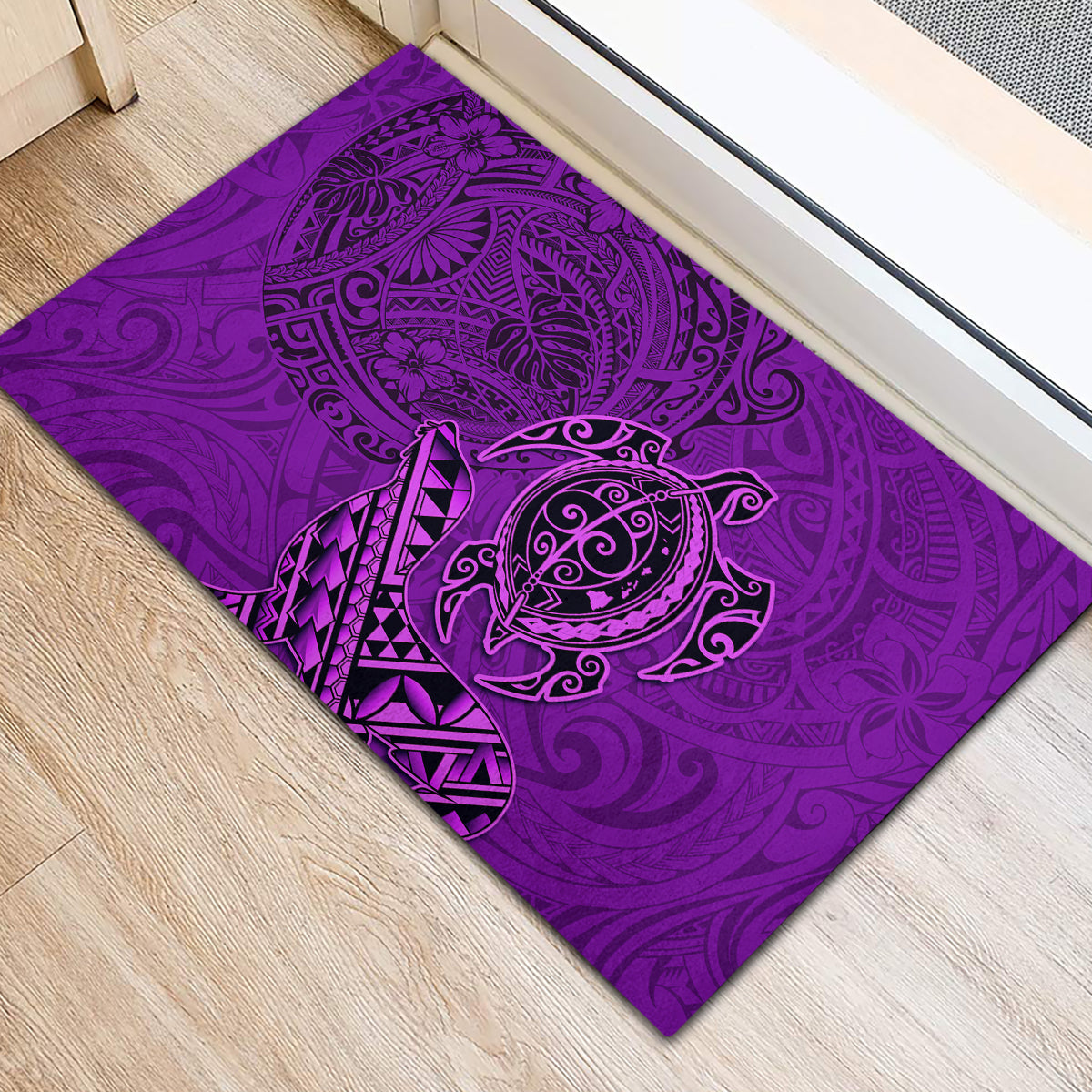 Hawaii Monk Seal and Dolphin Rubber Doormat Polynesian Kakau Pattern Purple