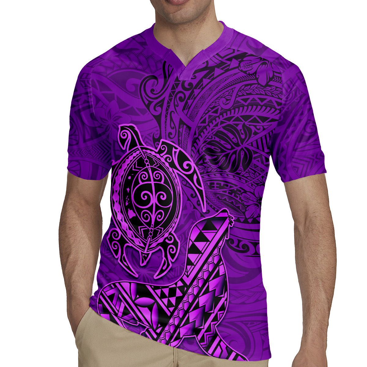 Hawaii Monk Seal and Dolphin Rugby Jersey Polynesian Kakau Pattern Purple