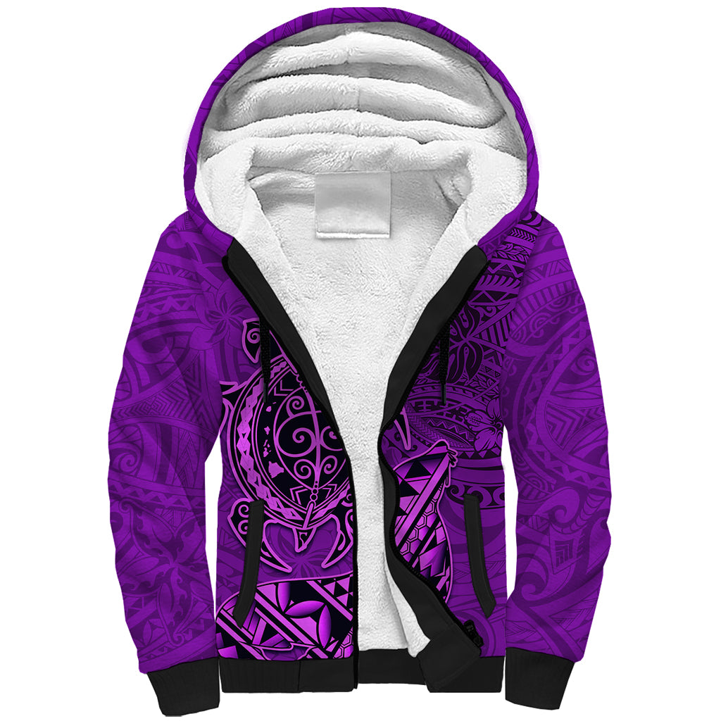 Hawaii Monk Seal and Dolphin Sherpa Hoodie Polynesian Kakau Pattern Purple