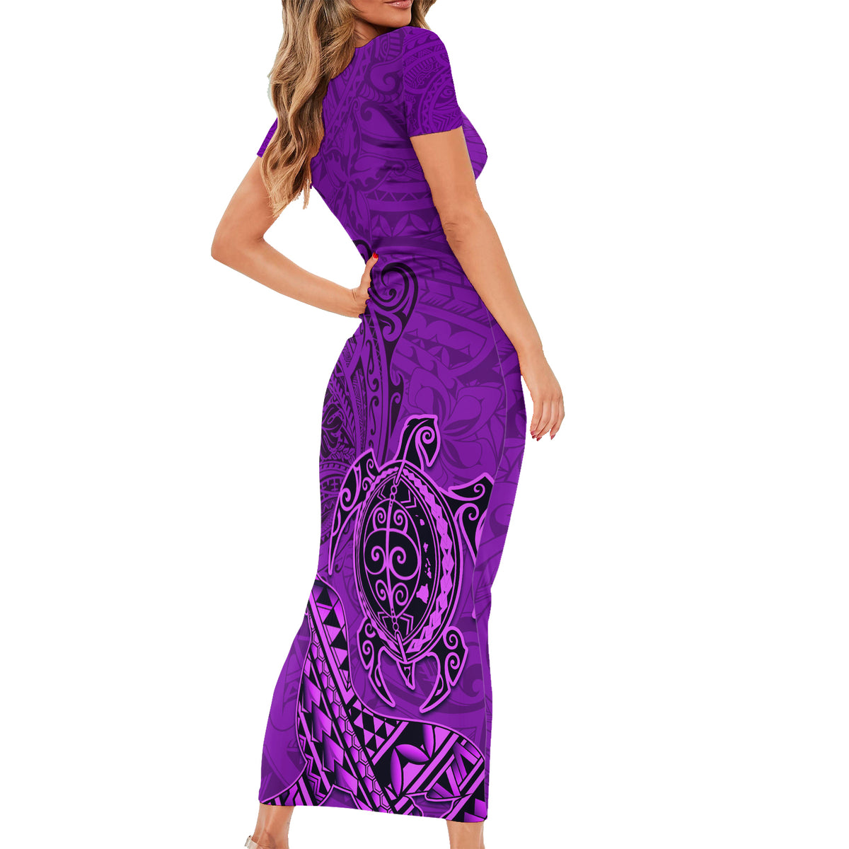 Hawaii Monk Seal and Dolphin Short Sleeve Bodycon Dress Polynesian Kakau Pattern Purple